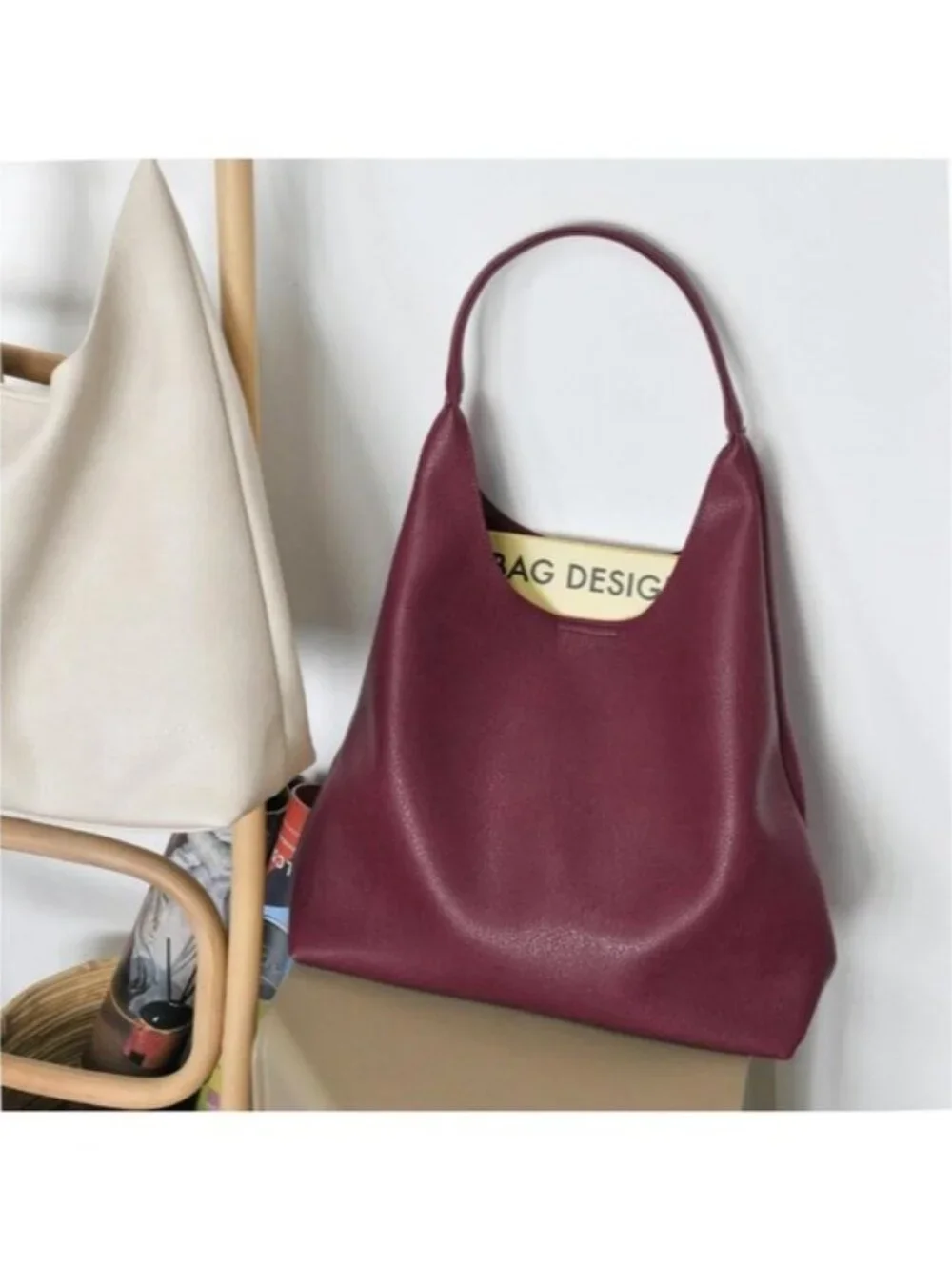 Women's Dark Red Vegan Leather Hobo Bag Slouchy Shoulder Tote Handbag 18